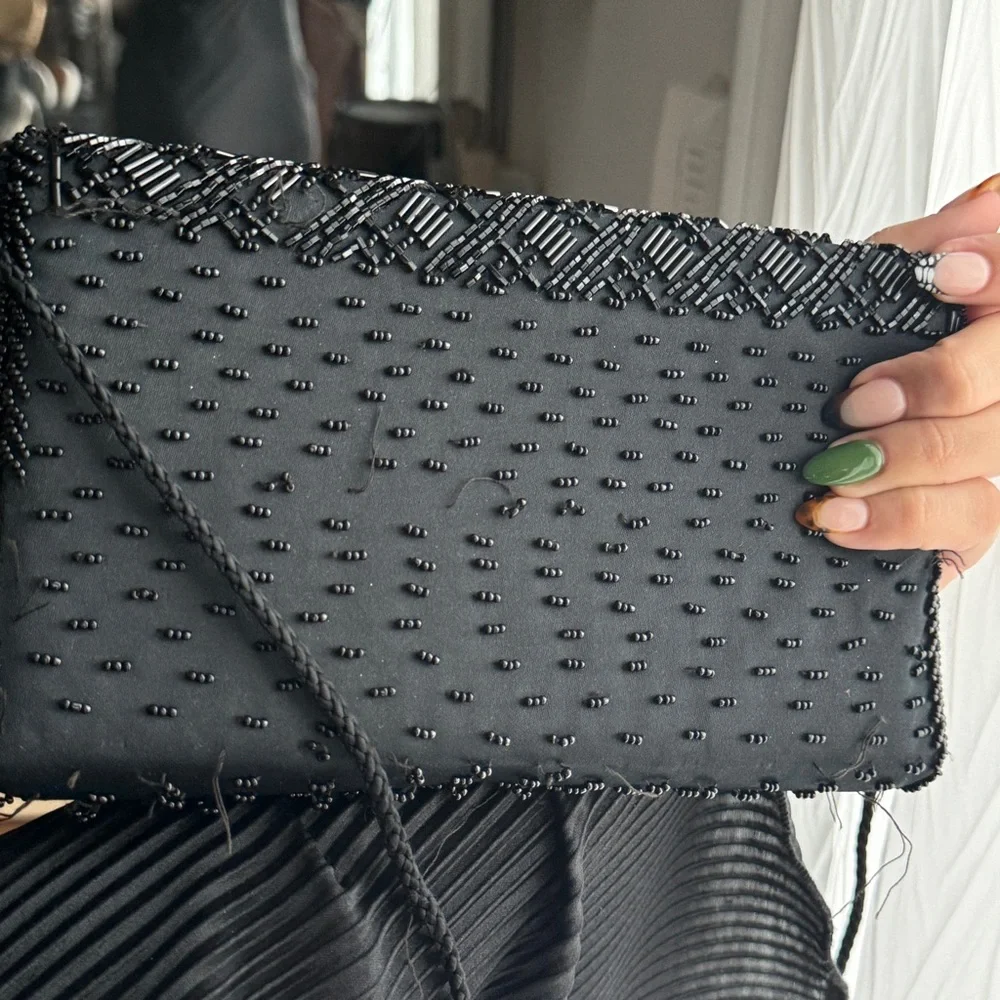 Vintage Black Beaded Crossbody Clutch Purse
